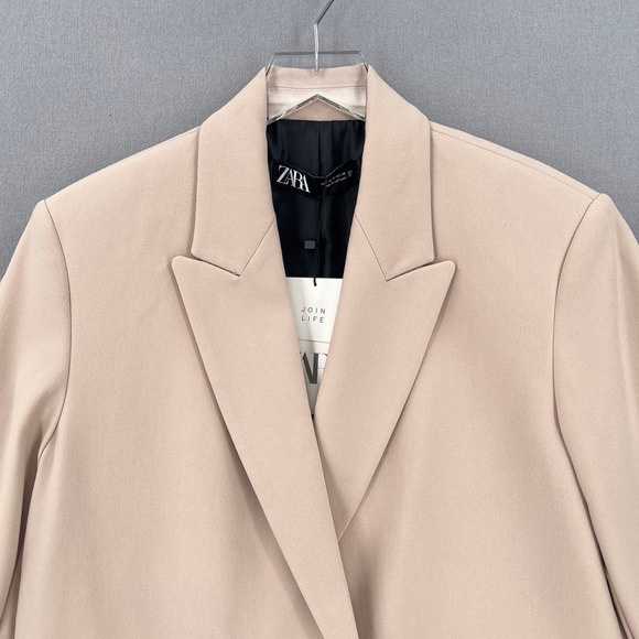 ZARA Oversized Double Breasted Blazer Womens Small Tan Long Sleeve Peaked Lapel - Picture 6 of 16